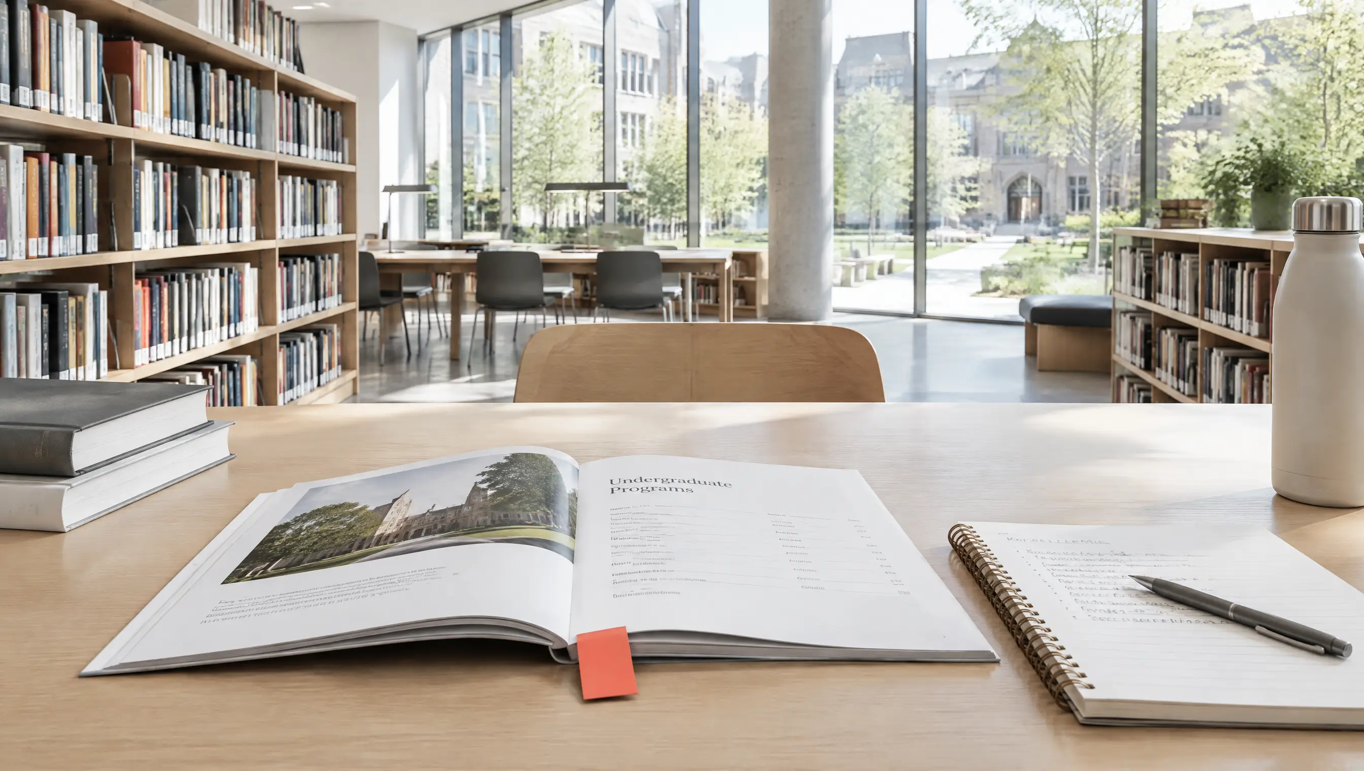 University library with course materials on a study desk.