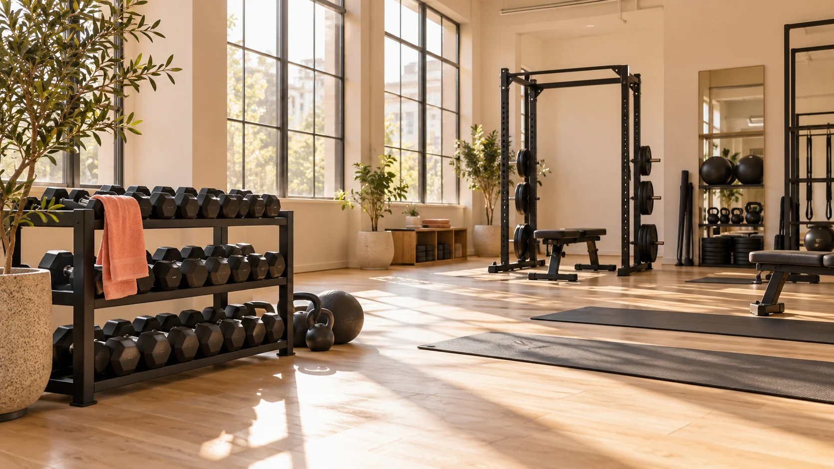 Sunlit fitness studio with neatly arranged weights and exercise mats.
