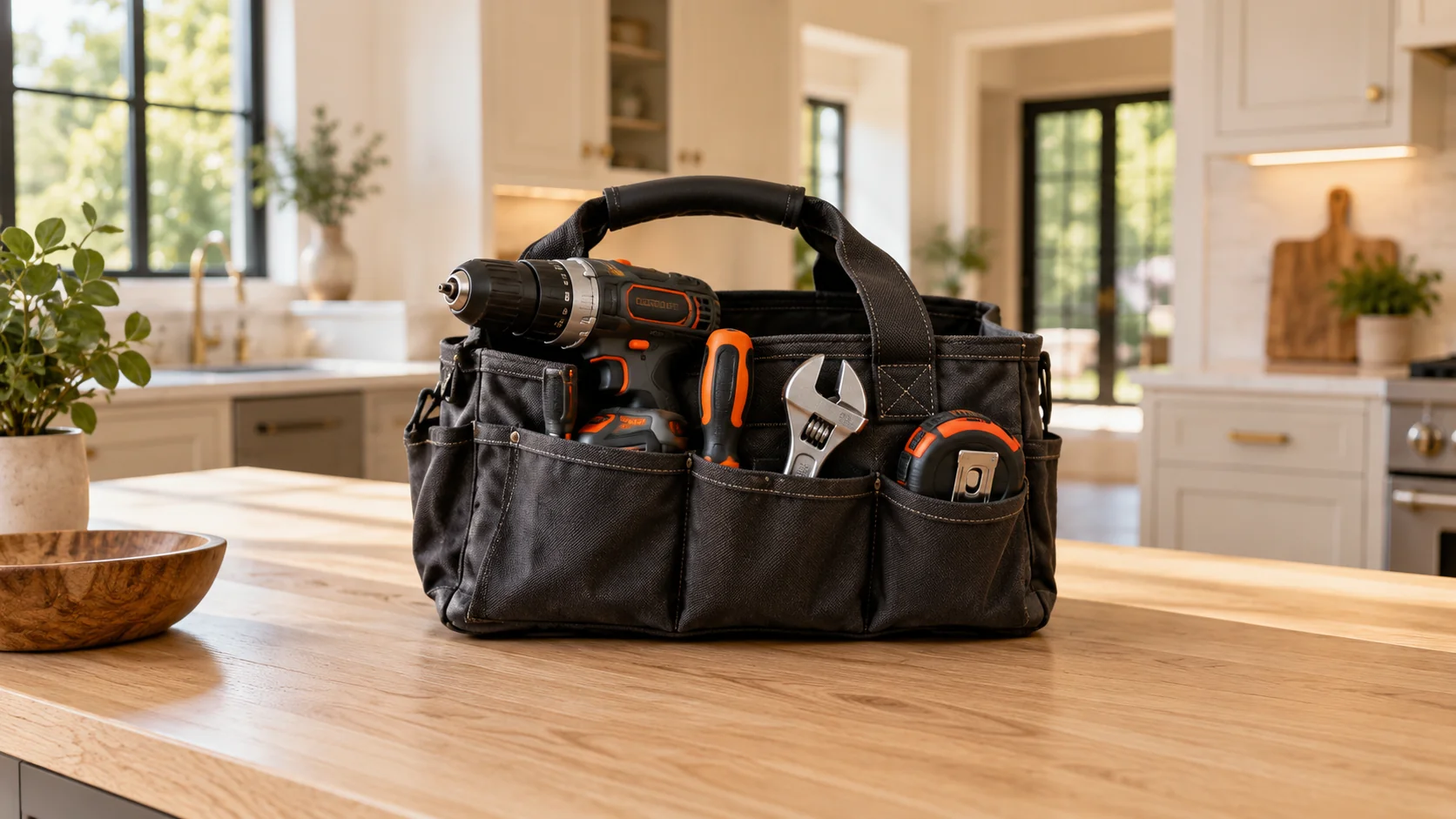 Home-service tools prepared for a visit in a bright residential interior.