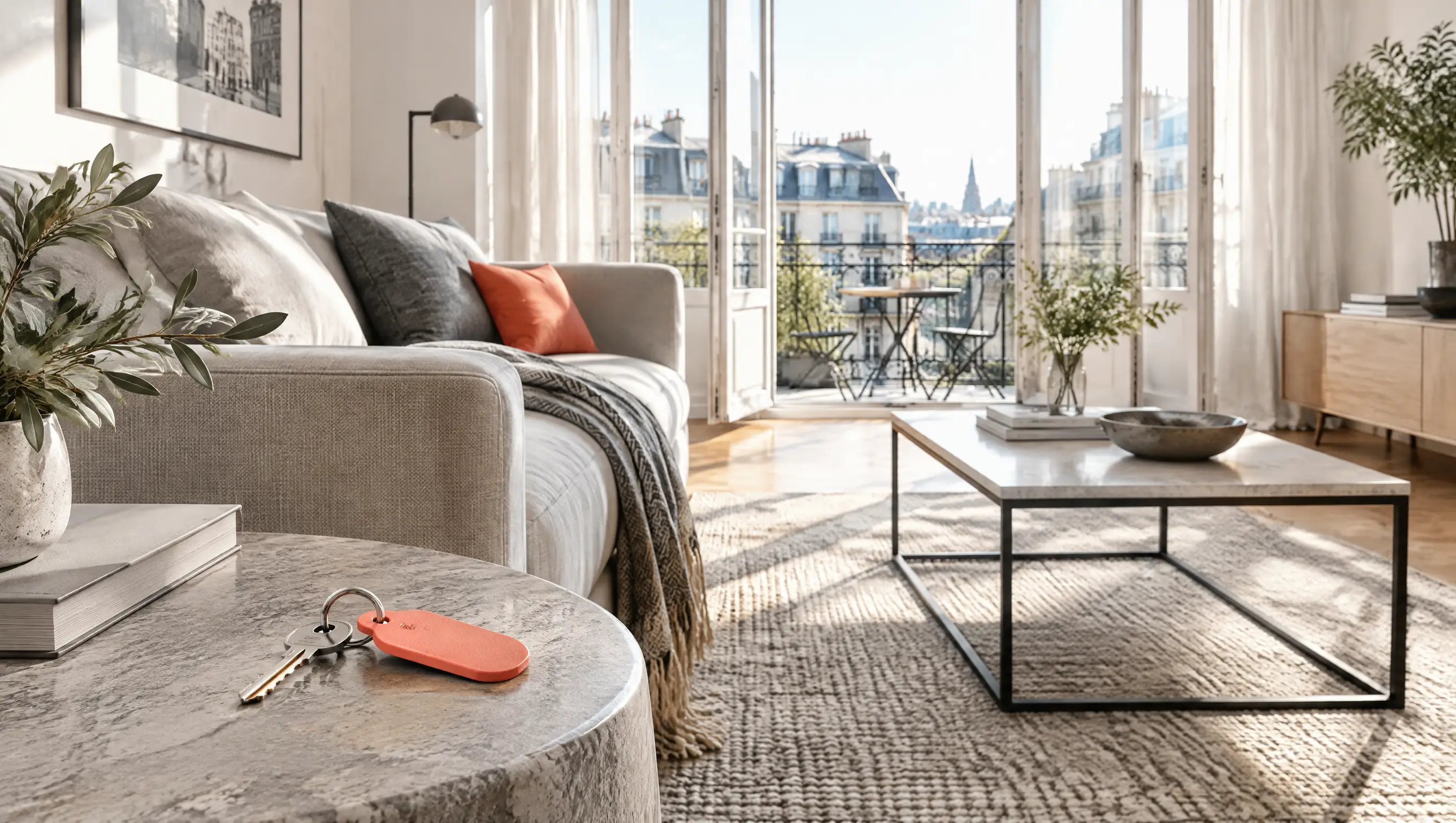 Sunlit rental apartment with keys ready for a viewing.