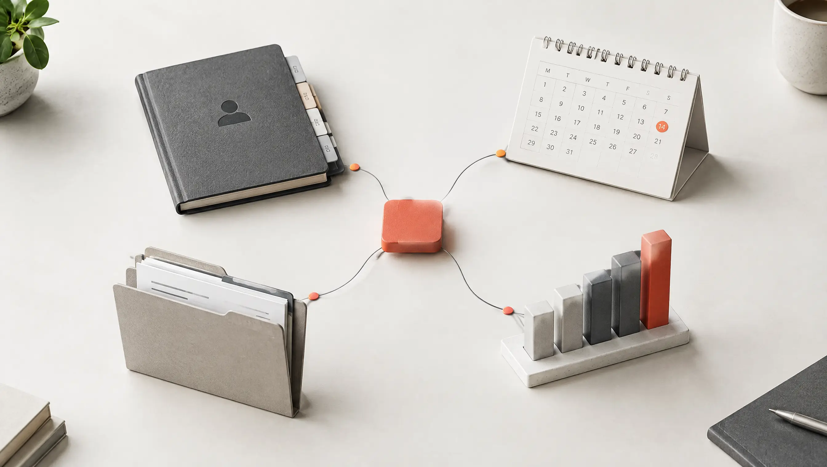 Contacts, scheduling, documents and analytics connected through a central hub.