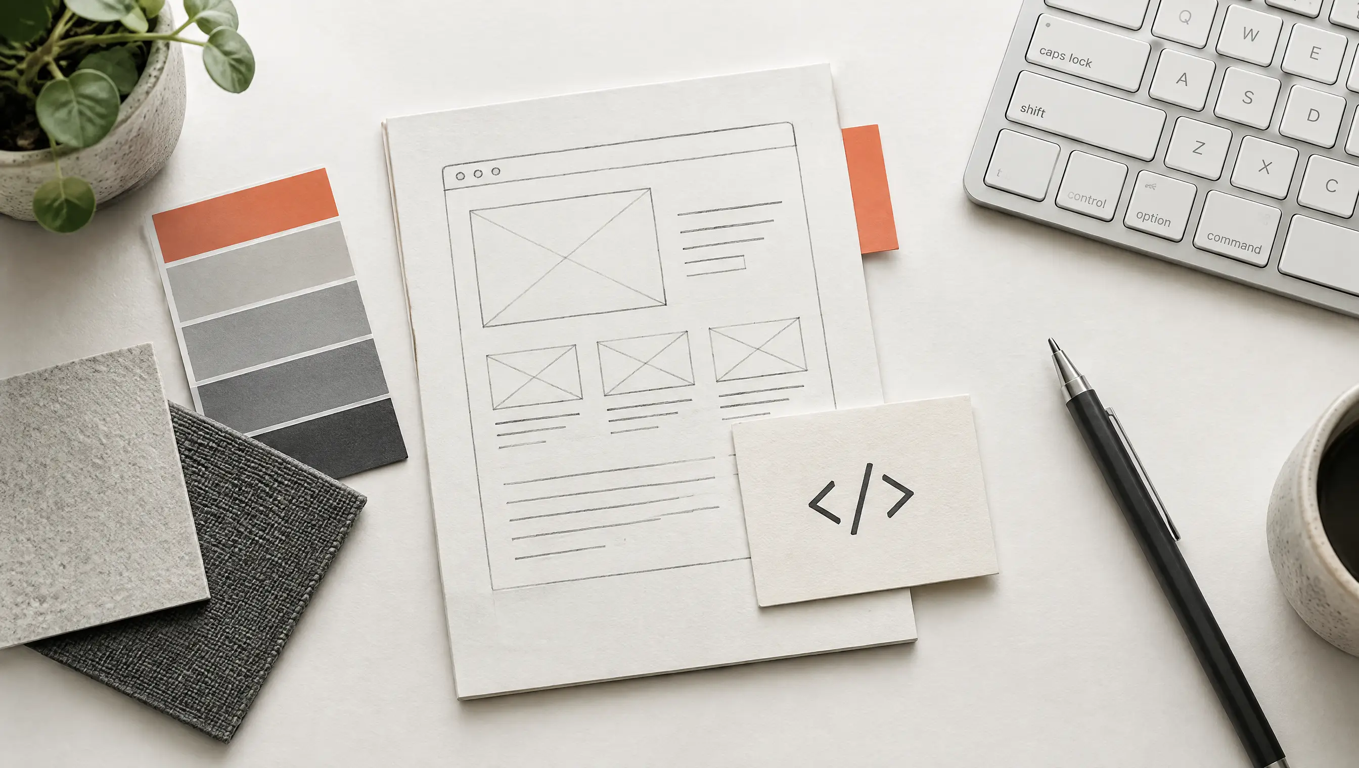 HTML code card, wireframe sketch and style swatches.