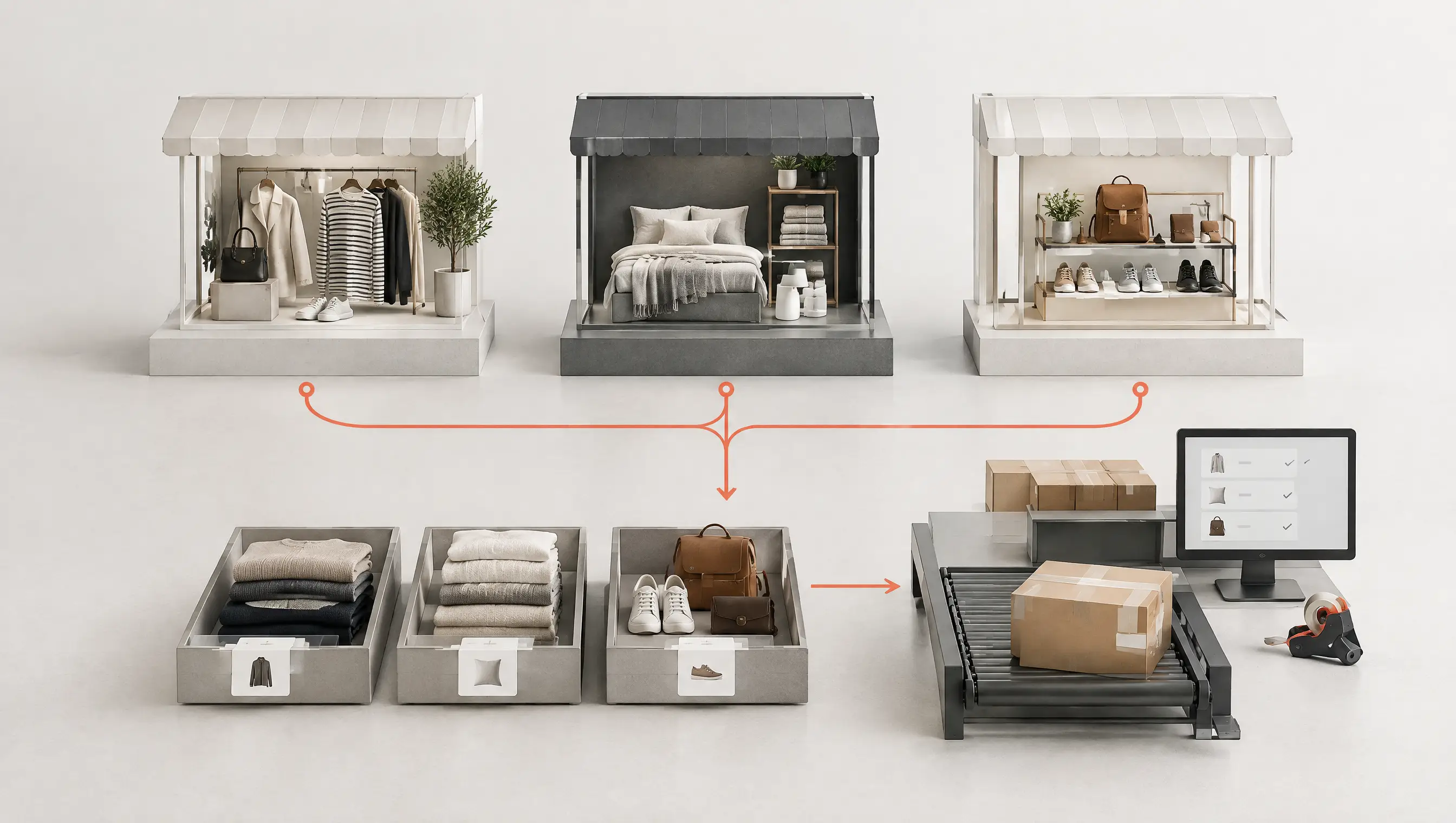 Multiple storefront catalogues connected to an order fulfilment station.