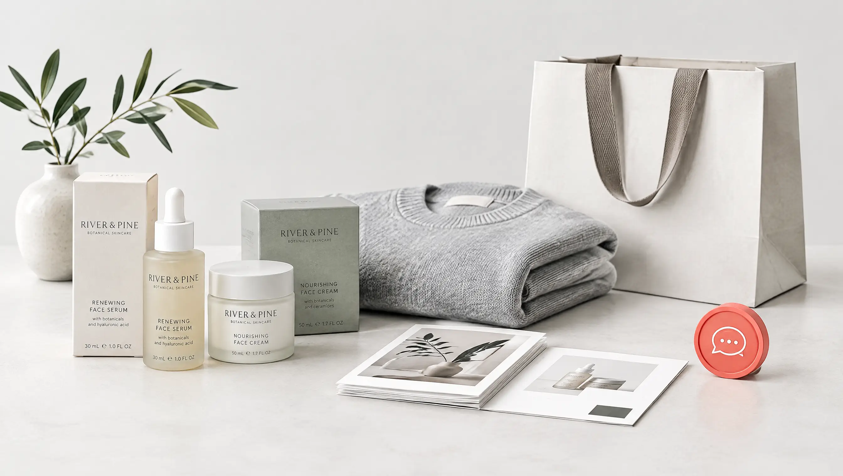 Boutique products, shopping bag and customer enquiry card.