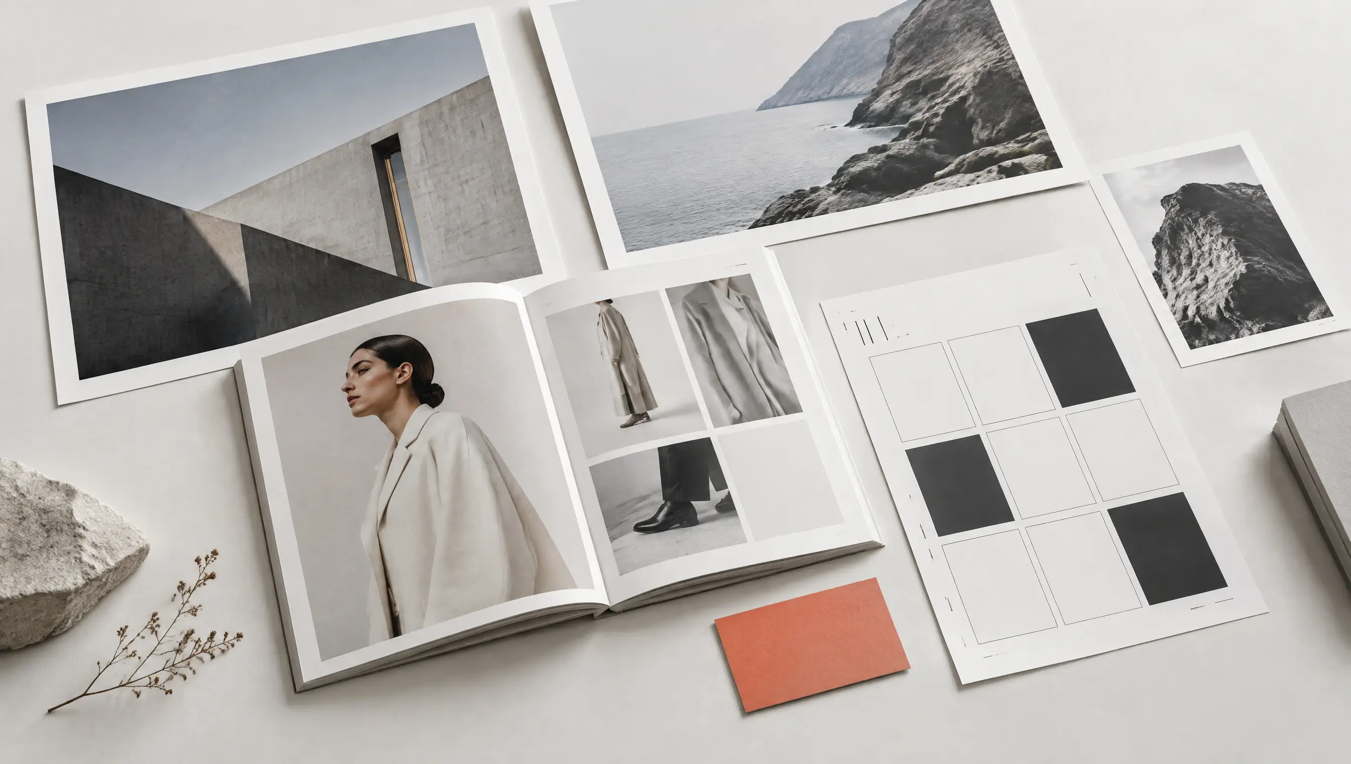 Portfolio photographs and editorial page layouts.