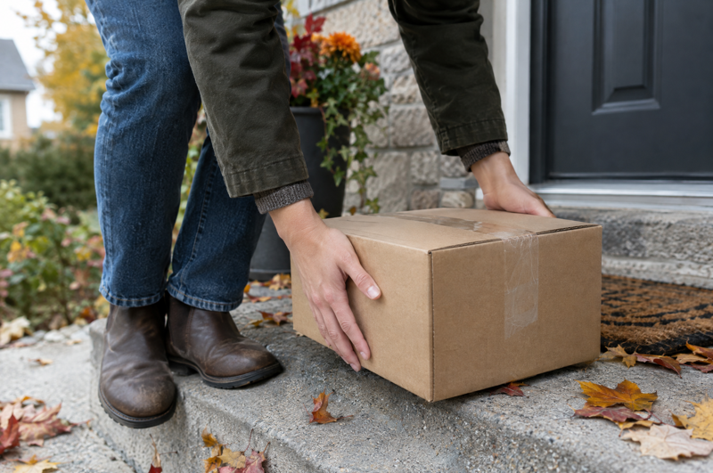 Hands picking up a parcel from a front doorstep in autumn